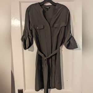Express Dark Khaki Green Shift Dress With Tie